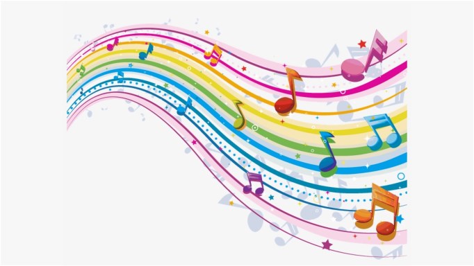 a colorful graphic of a musical staff with assorted notes